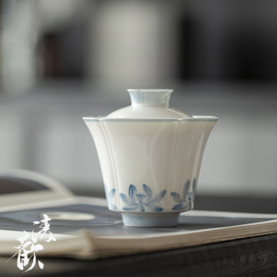 清欢丨玉泥手绘青花行思盖碗130ml 睡莲环绕白瓷泡茶碗新中式茶具