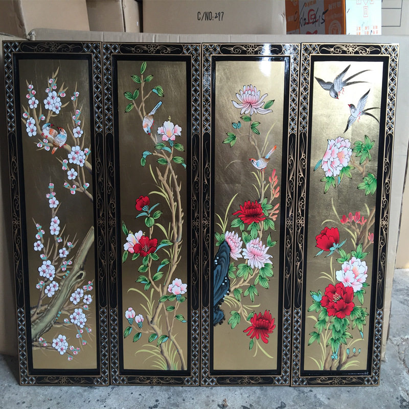 至高美金箔四条屏风挂屏手工彩绘酒店家具装饰画走廊挂画明清古典