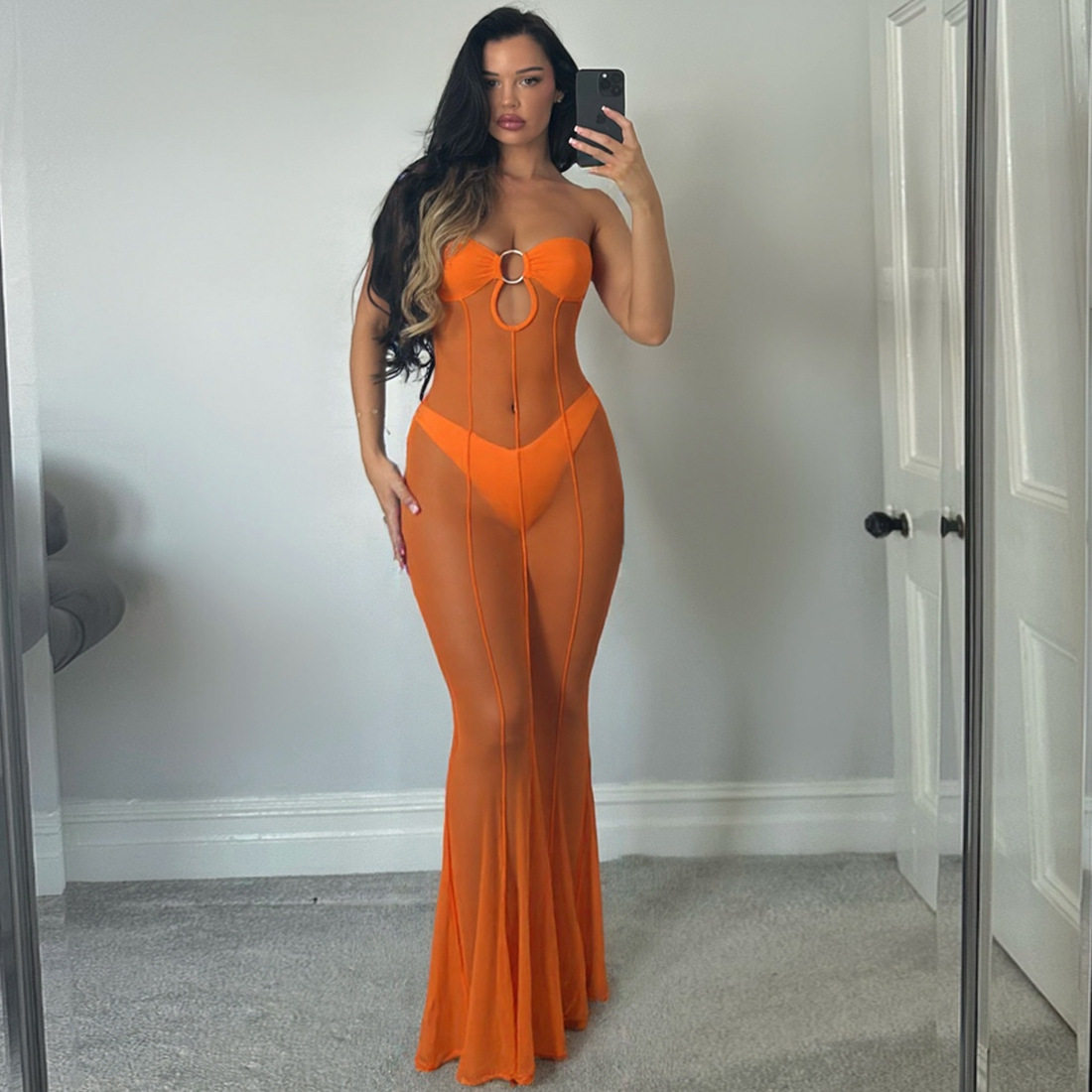 欧美风秋冬新款跨境女装时尚一字领镂空性感透视网纱修身连衣裙女