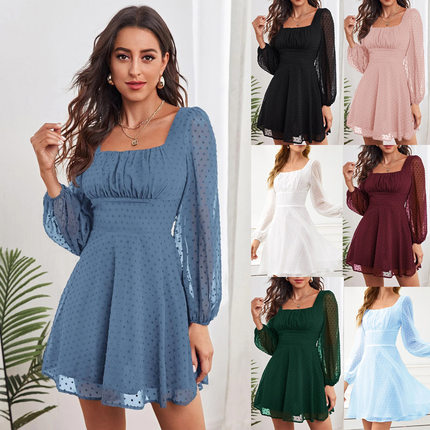 欧美跨境独立站wish2021秋冬长袖高腰气质通勤女连衣裙直供