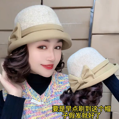 假发帽子一体女秋冬新款加厚蝴蝶结渔夫帽短卷发梨花卷气质全头套