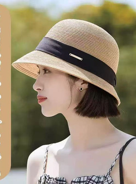 高品质细纸草帽子假发一体女夏天短发防晒帽时尚赫本风小头围