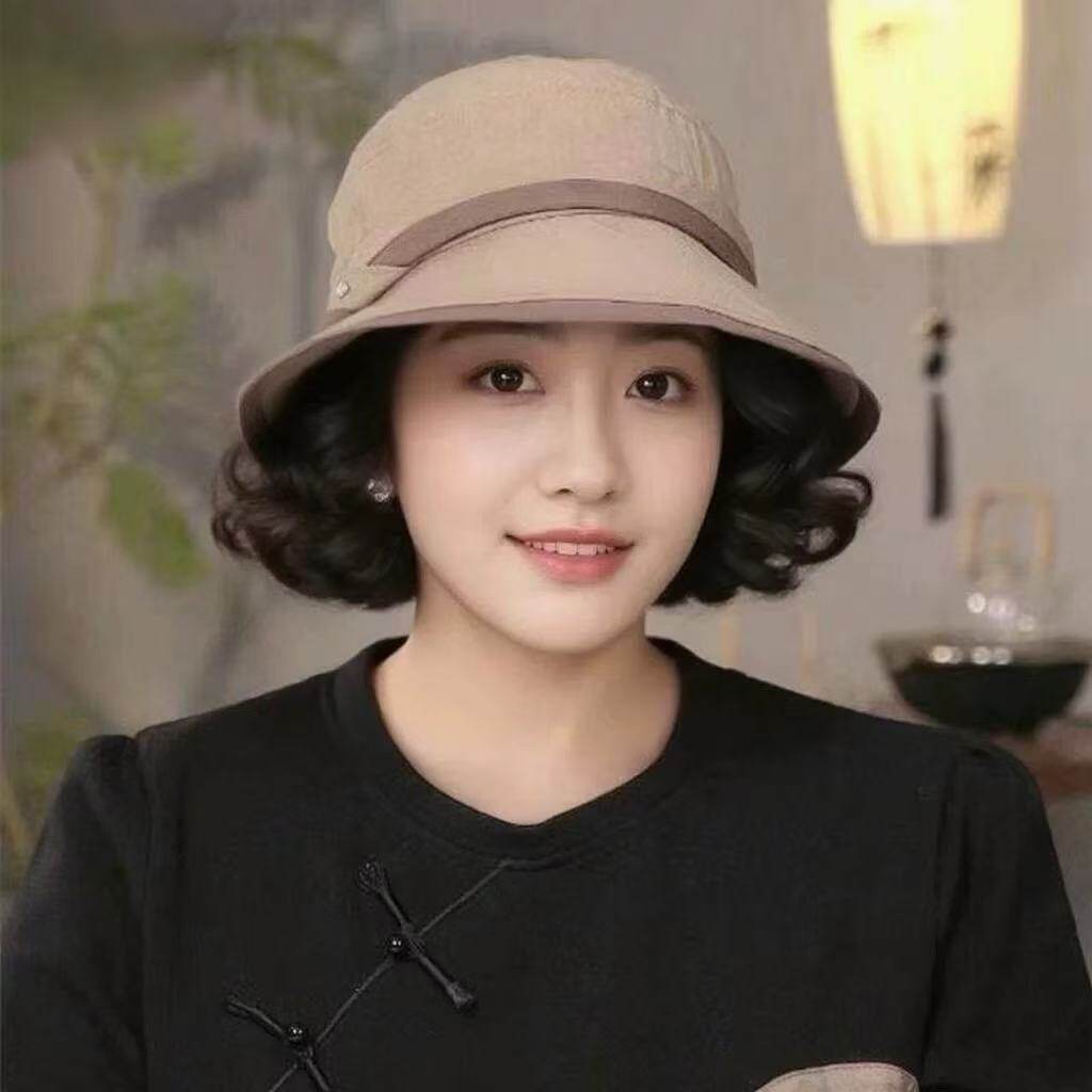 中老年渔夫帽子假发一体女短卷发夏天防晒光头遮白发时尚优雅妈妈