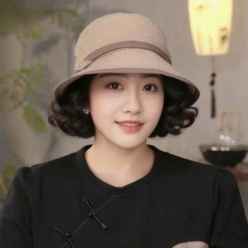 中老年渔夫帽子假发一体女短卷发夏天防晒光头遮白发时尚优雅妈妈