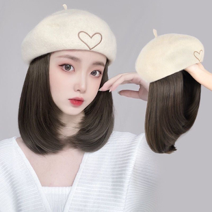 帽子假发一体贝雷帽短发女贝雷八角帽秋冬时尚自然锁骨发仿真全头