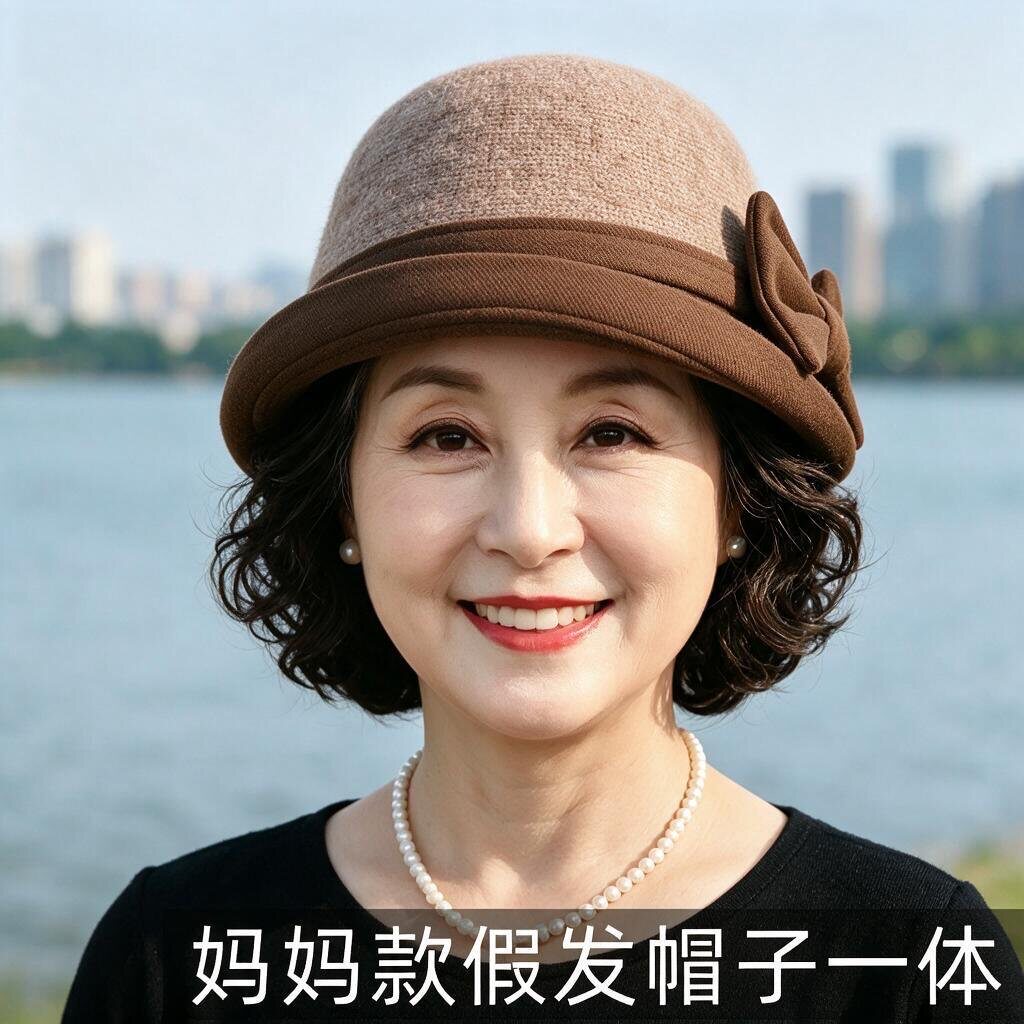 帽子假发一体女秋冬新款中老年妈妈帽短卷发渔夫帽加绒保暖假发帽