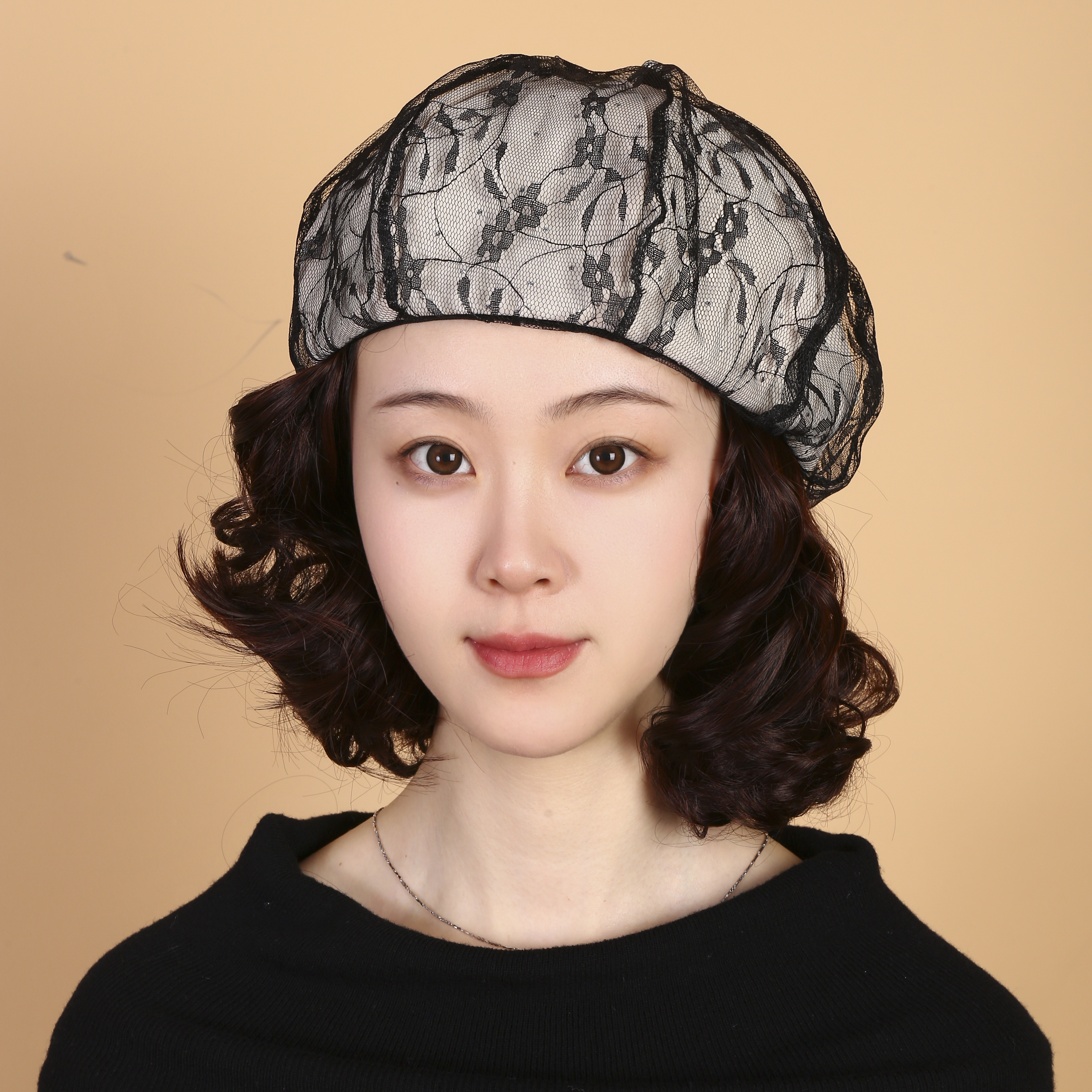 慵懒短卷假发帽秋冬时尚自带造型一体式蕾丝帽妈妈短卷发帽子假发