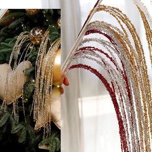 创意新款跨境热卖圣诞树垂柳闪粉流苏挂枝金红色90cm亮片婚庆装饰