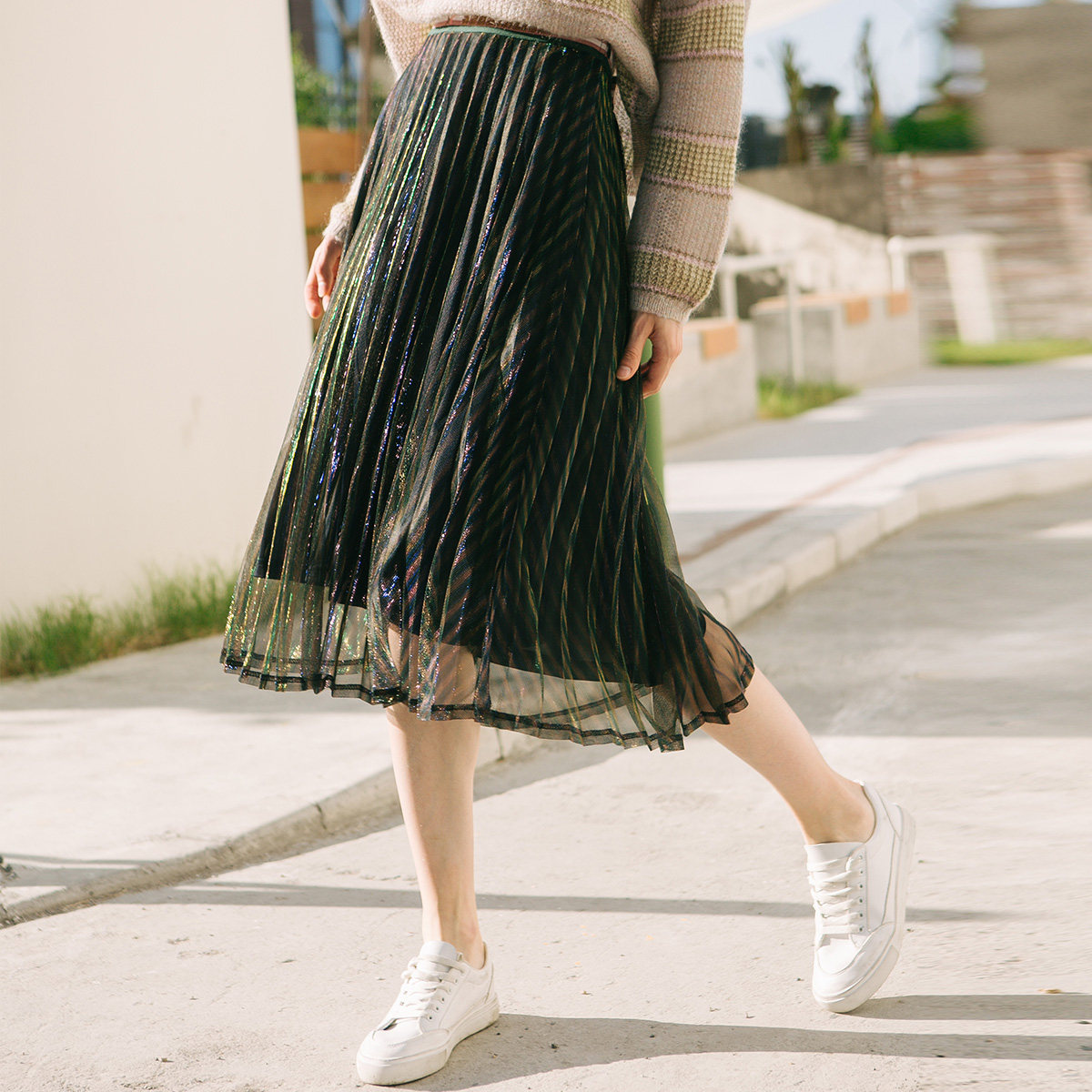 NAWain/纳纹半身裙女2020新款春装网纱彩色长裙纱裙A字裙百褶裙