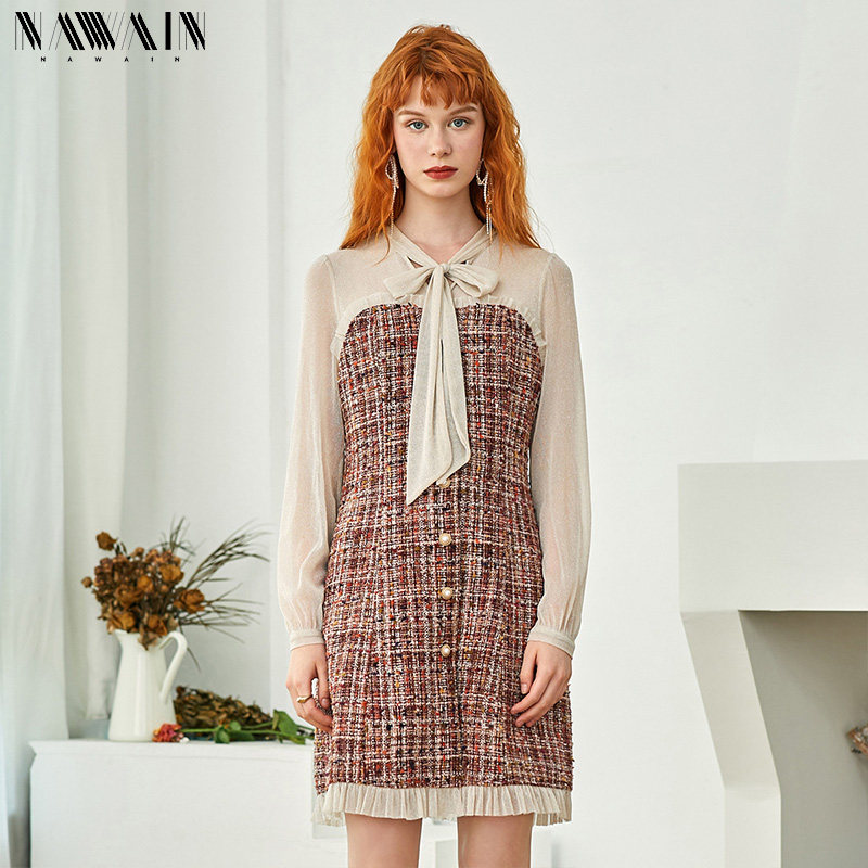 NAWain/纳纹假两件裙子多彩粗纺材质小香风蝴蝶结网纱拼接连衣裙
