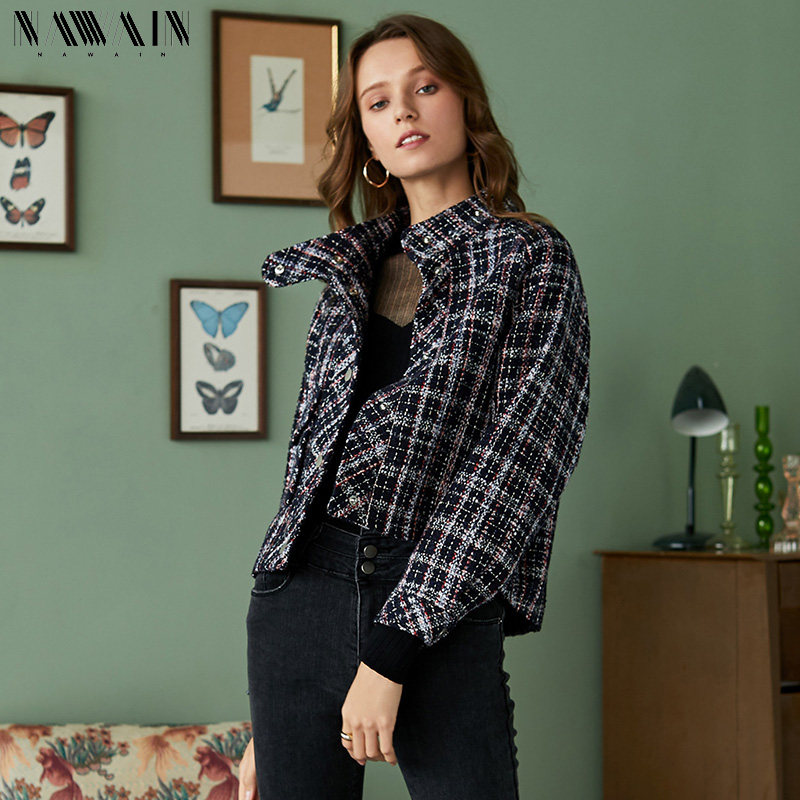 NAWain/纳纹春秋新品小香风粗花呢短外套女立领格纹长袖上衣