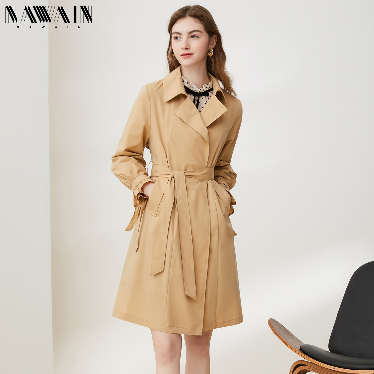 NAWain/纳纹20春新品中长款休闲外套女小个子薄款卡其色系带风衣