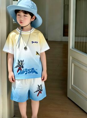 男童速干套装 2026 夏季奥特曼渐变蓝灰色透气卡通印花帅气两件套