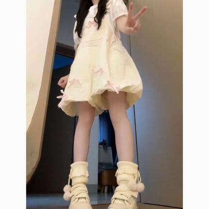 女童套装2026新款学院风甜美可爱蝴蝶结花苞背带裤衬衫夏季两件套