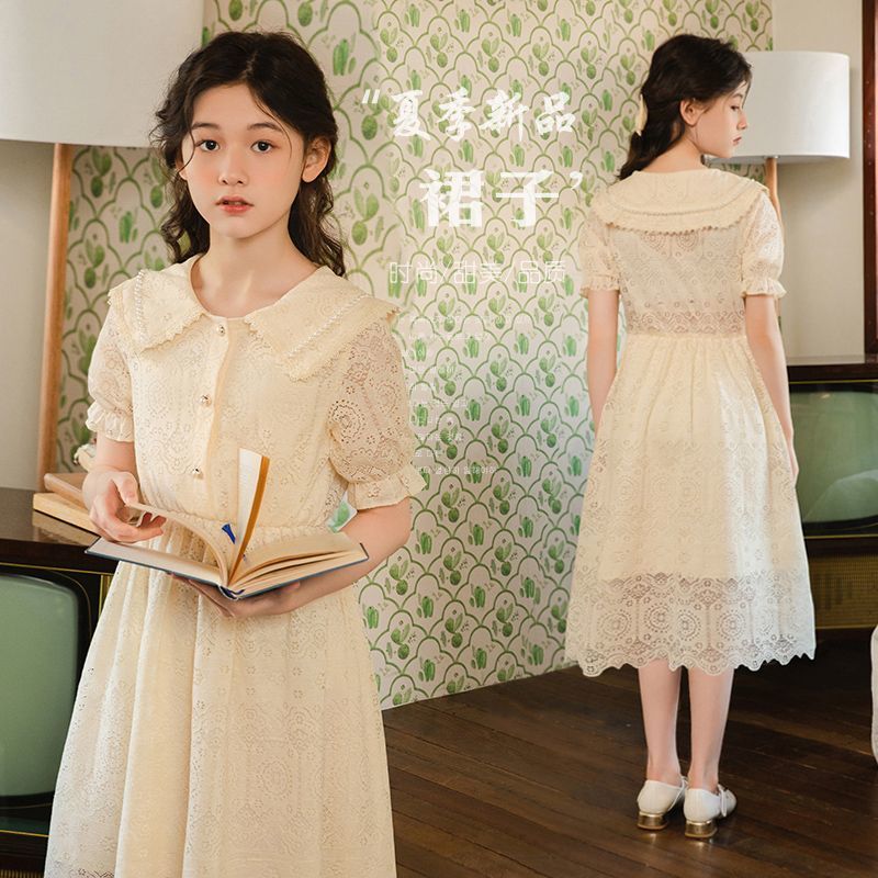 女童连衣裙夏季短袖洋气蕾丝裙子2023新款大童孩儿童小女孩公主裙