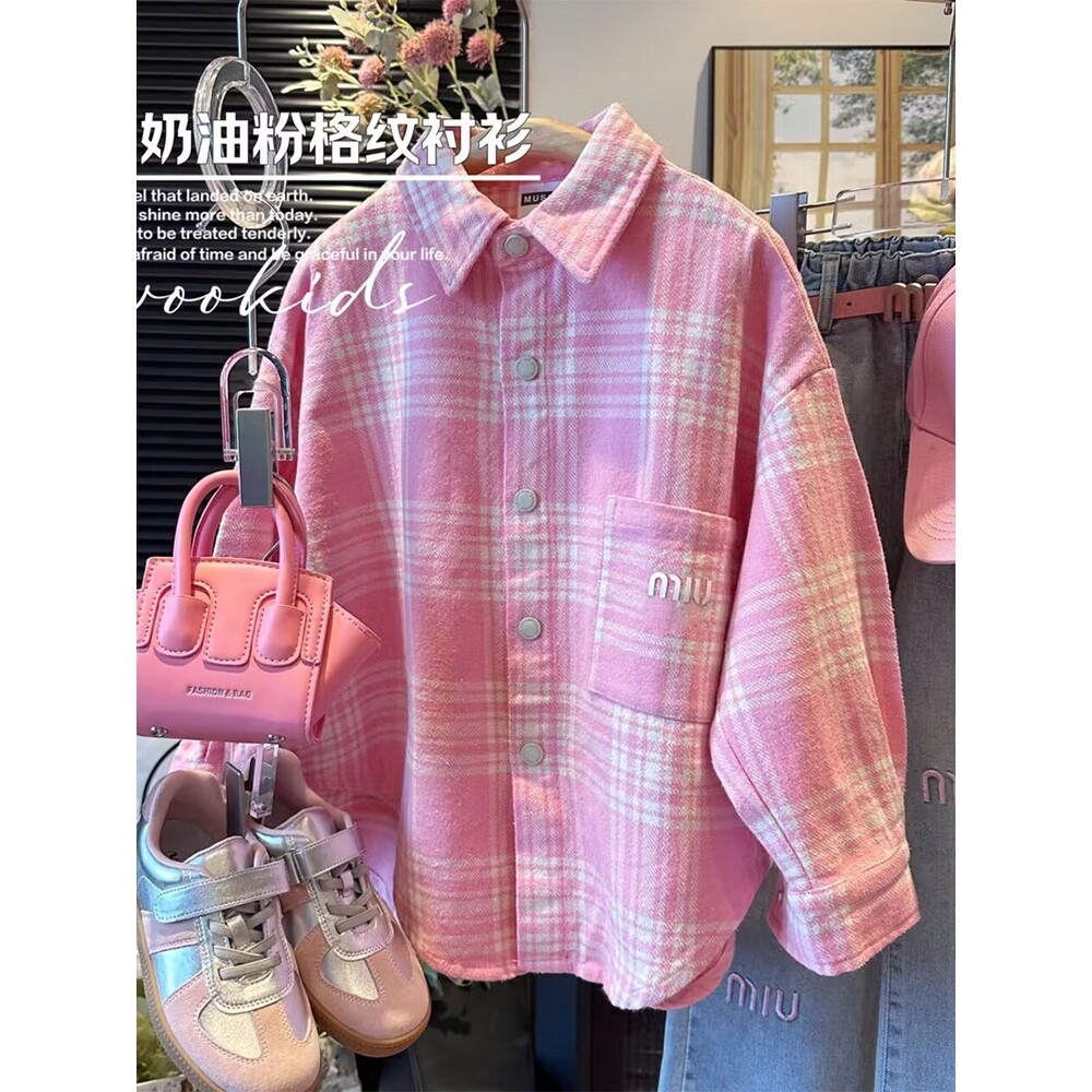 女童格子衬衫2024年夏季新款中大童时髦洋气春款休闲长袖翻领外套