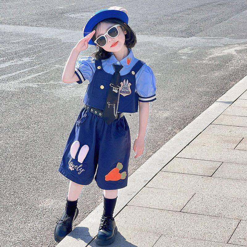 女童夏季套装2026新款兔子警官儿童衣服女孩夏装运动裤子三件套夏