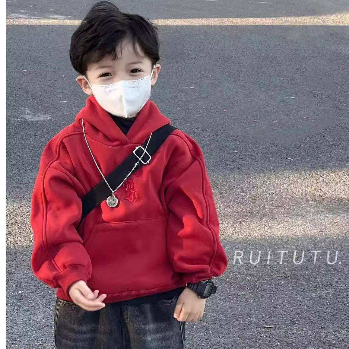 男童连帽加绒卫衣2025冬季新款宝宝过年红色外套儿童洋气保暖上衣