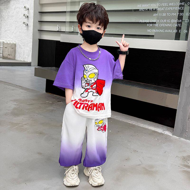 奥特曼男童夏装短袖套装2026新款洋气小男孩防蚊裤两件套亮灯衣服
