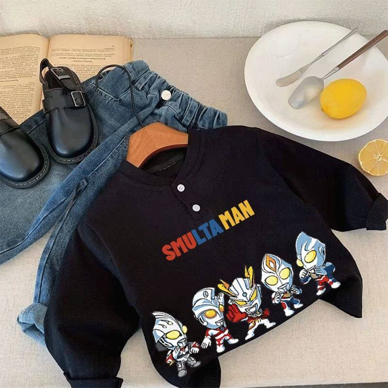 女童新款纯棉长袖T恤儿童春秋季韩系印花t中小童男宝奥特曼polo衫