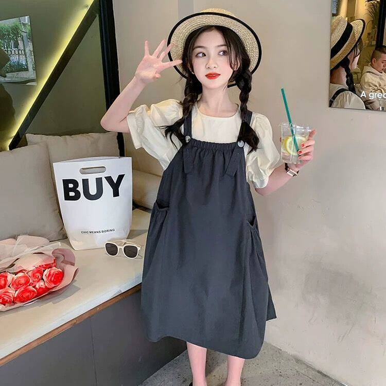 女童套裙夏装2026新款时尚儿童裙套装中大童短袖背带裙两件套装裙