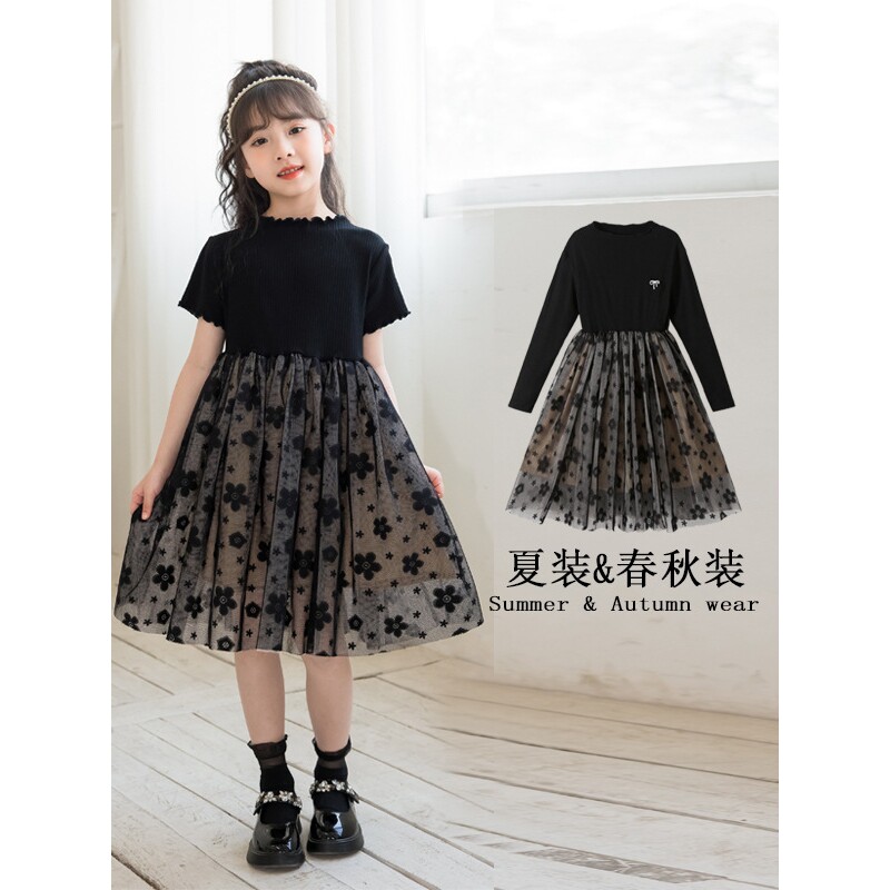女童连衣裙2026夏装短袖网纱裙蓬蓬裙韩版大童公主裙黑色儿童裙子