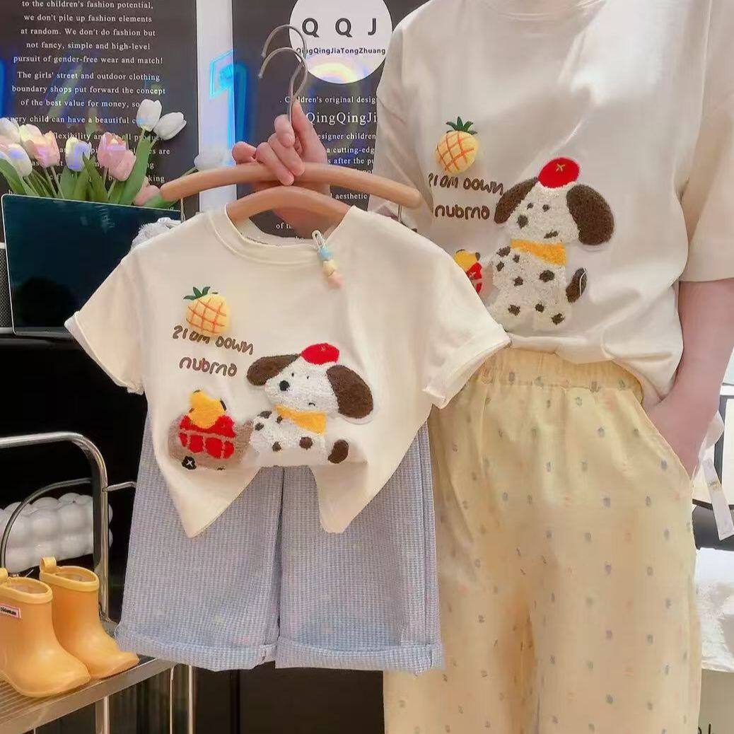 儿童纯棉短袖女童新款T恤男童卡通短袖衫彩虹波点裤亲子装中大童