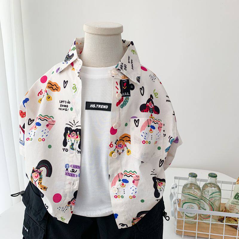 男童纯棉衬衫夏季薄款儿童卡通短袖衬衣2026新款中小童帅气休闲潮