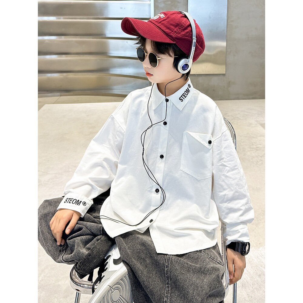 男童白色衬衫春秋装2026新款儿童洋气工装长袖衬衣中大童打底衫潮