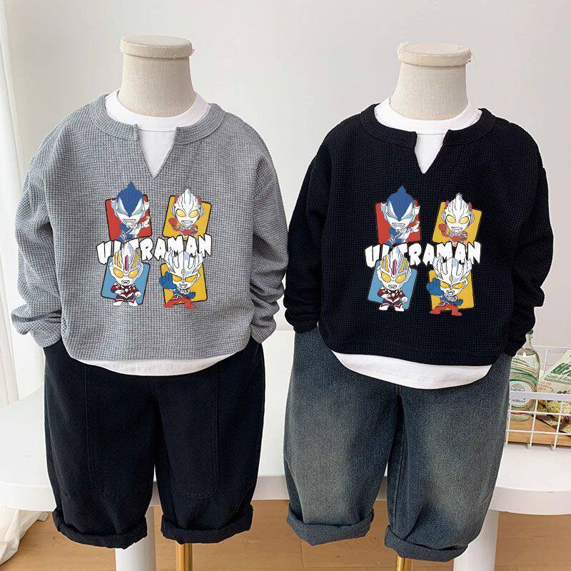 帅气打底上衣童装长袖华夫格卫衣外穿春秋新款秋装男童奥特曼上衣