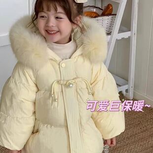 2025大毛领连帽羽绒棉超厚儿童女中国风珍珠扣淑女女童加厚外套潮