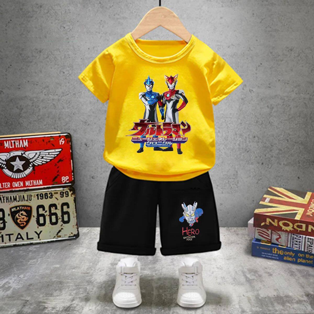 纯棉儿童薄款夏装帅气男童奥特曼2023新款宝宝短袖短裤运动两件套