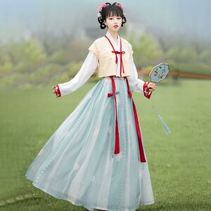 汉服女正品原创改良唐制褙子齐腰褶裙日常白菜全套中国风古装春款
