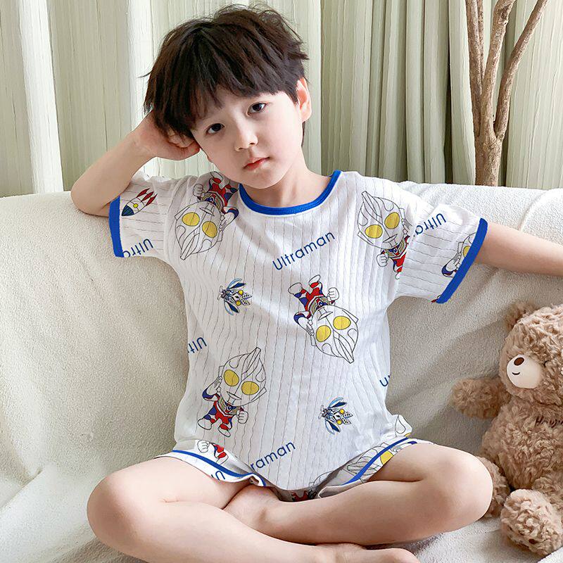 儿童睡衣男孩夏季薄款男童短袖套装超薄呼吸棉空调服奥特曼家居服