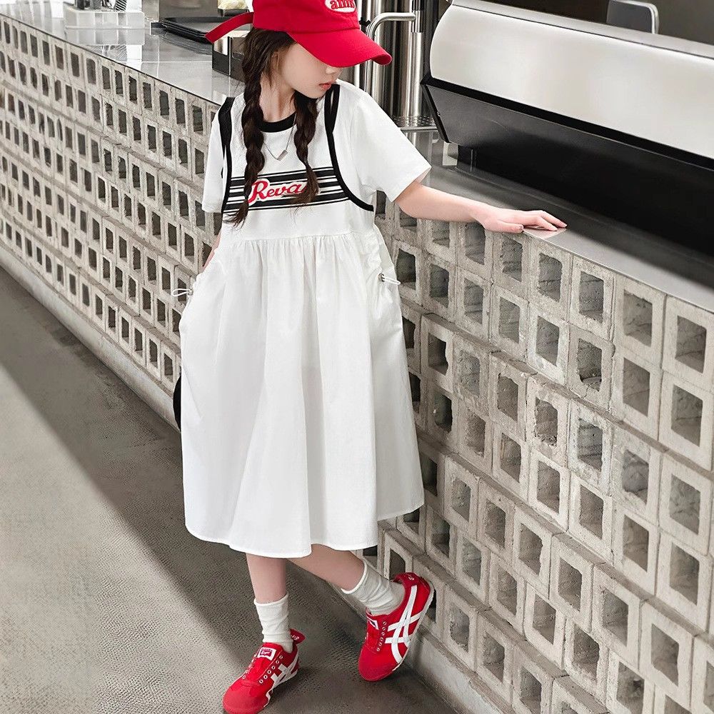 拼接镂空女童连衣裙儿童短袖裙子2026夏季新款女孩韩版宽松A字裙