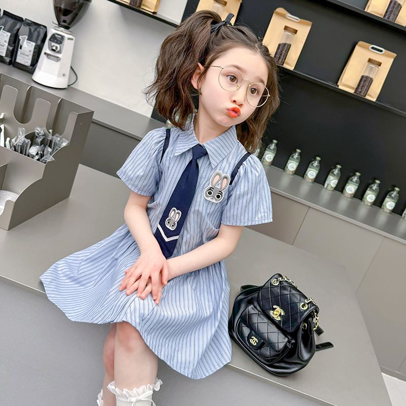 女童夏季学院风连衣裙2026新款儿童Polo领短袖衬衫裙宝宝夏装裙子