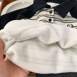男童条纹加绒POLO衫秋冬装一体绒翻领卫衣儿童帅气插肩袖拼接上衣