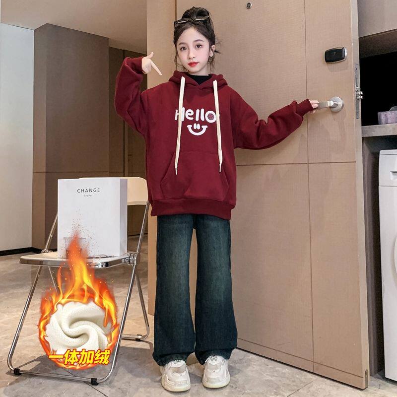 时髦女童卫衣加绒2024儿童新款洋气加厚中大童休闲宽松连帽上衣