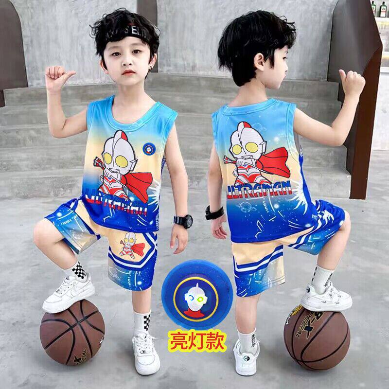 儿童夏季短袖套装新款网红无袖宝宝发光背心两件套男童奥特曼衣服