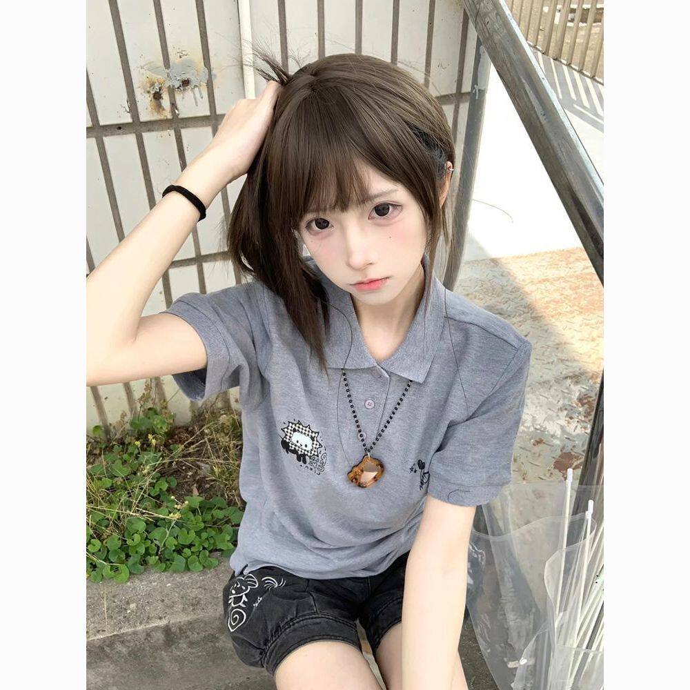 中大童复古可爱正肩polo衫短袖t恤女夏季美式学院风设计感童装衣