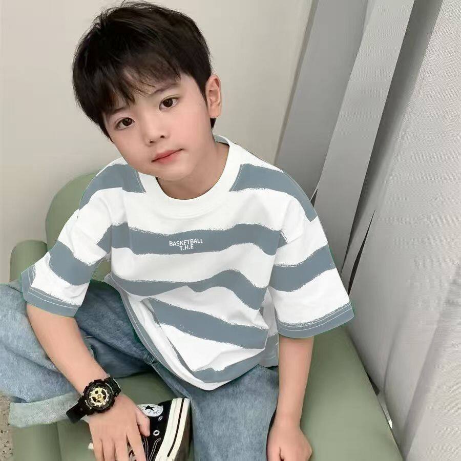 儿童短袖男童女童条纹T恤夏季半袖中大童新款圆领宽松痞帅体恤潮