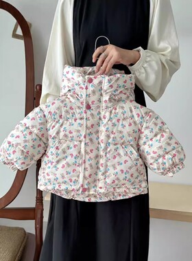 女童2024新款碎花加绒棉服儿童洋气羽绒棉衣连帽面包服外套冬装
