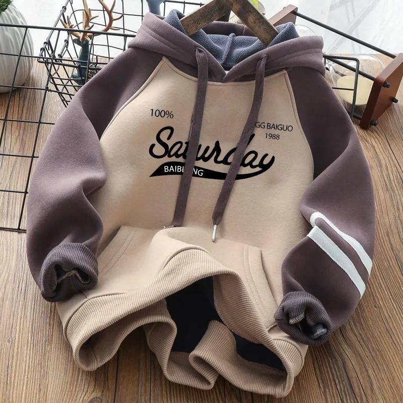 加绒卫衣2026新款秋冬季中大童宽松帅气拼接男女童洋气上衣外套潮