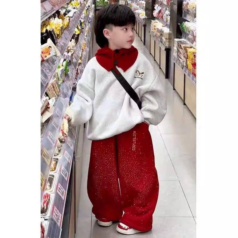 儿童秋冬加绒卫衣套装新年服男童痞帅炸街保暖两件套韩版慵懒风装