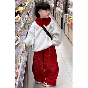 儿童秋冬加绒卫衣套装新年服男童痞帅炸街保暖两件套韩版慵懒风装