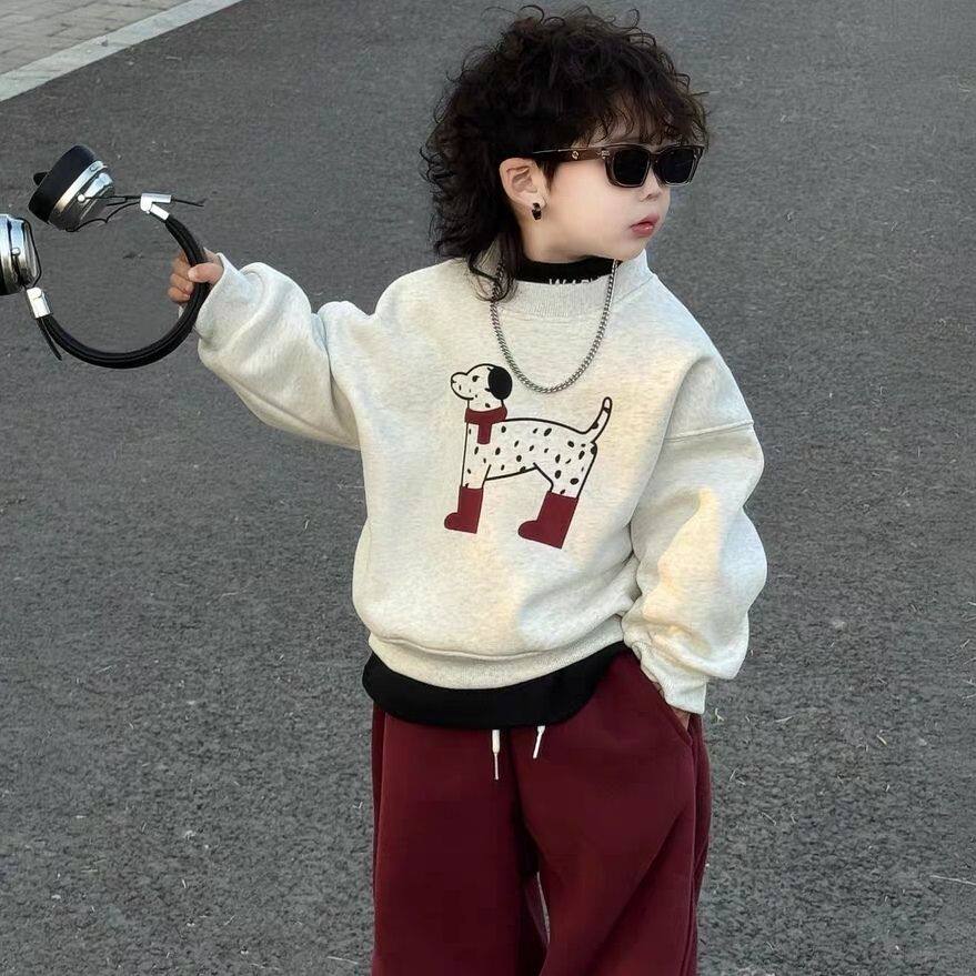 童装儿童圆领卫衣红色狗狗加绒加厚新年圣诞男童外套保暖上衣外套