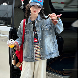 女童美式牛仔外套2026年春新款中大童百搭春秋夹克衫学生春装上衣