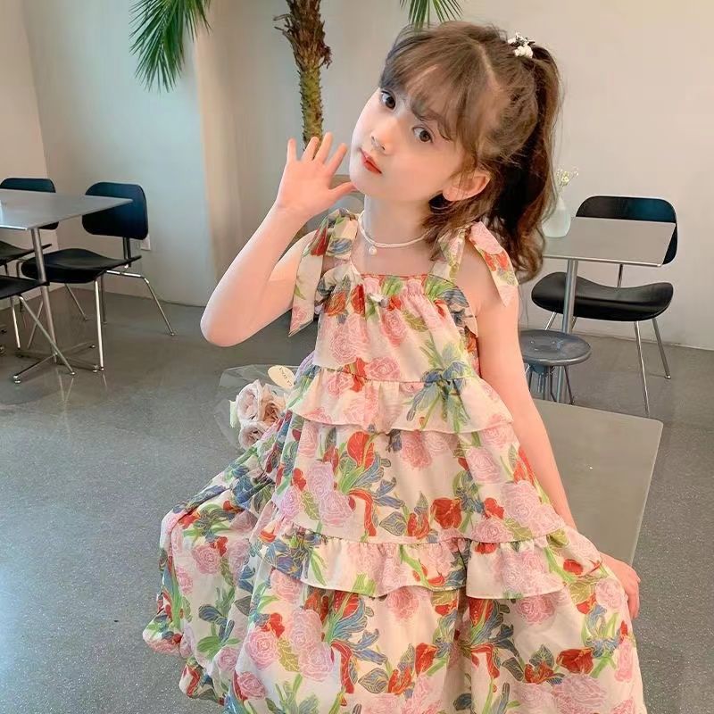 女童吊带连衣裙夏季无袖沙滩裙洋气宝宝女孩中大童连衣裙碎花裙子