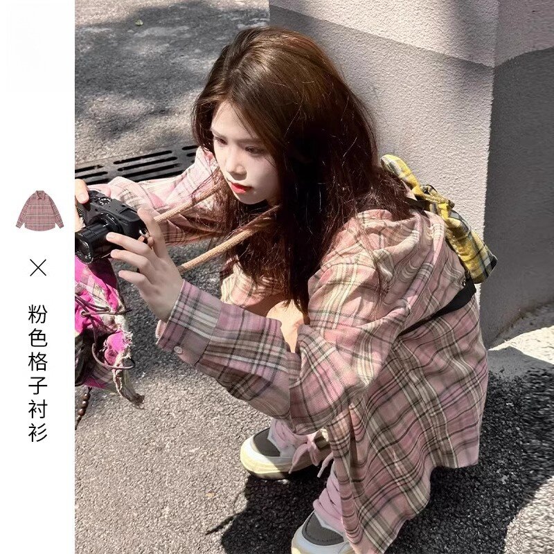 潮牌1212设计感小众日系小个子衬衣新款外套防晒粉色格子衬衫女秋