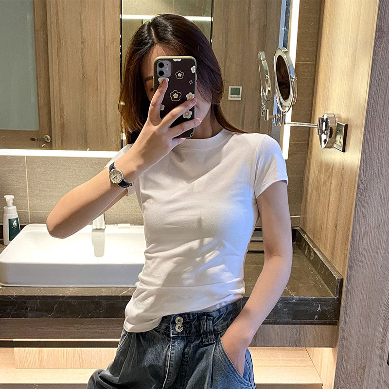 潮牌2022年新款夏季短袖女洋气白色修身紧身半袖内搭显胸打底t恤